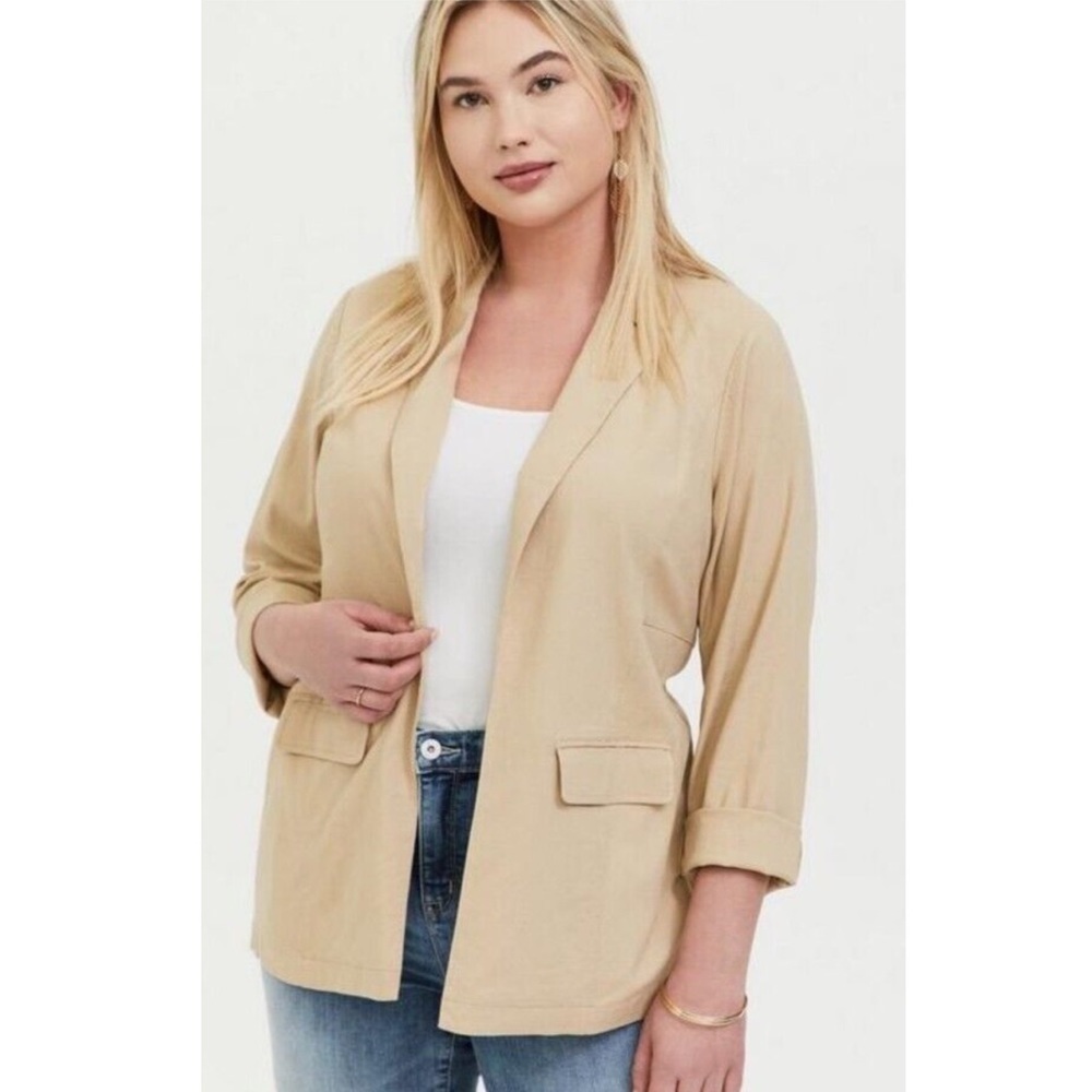 Torrid Linen Blend Relaxed Open Front Blazer Tan Neutral Workwear‎ Jacket 5X